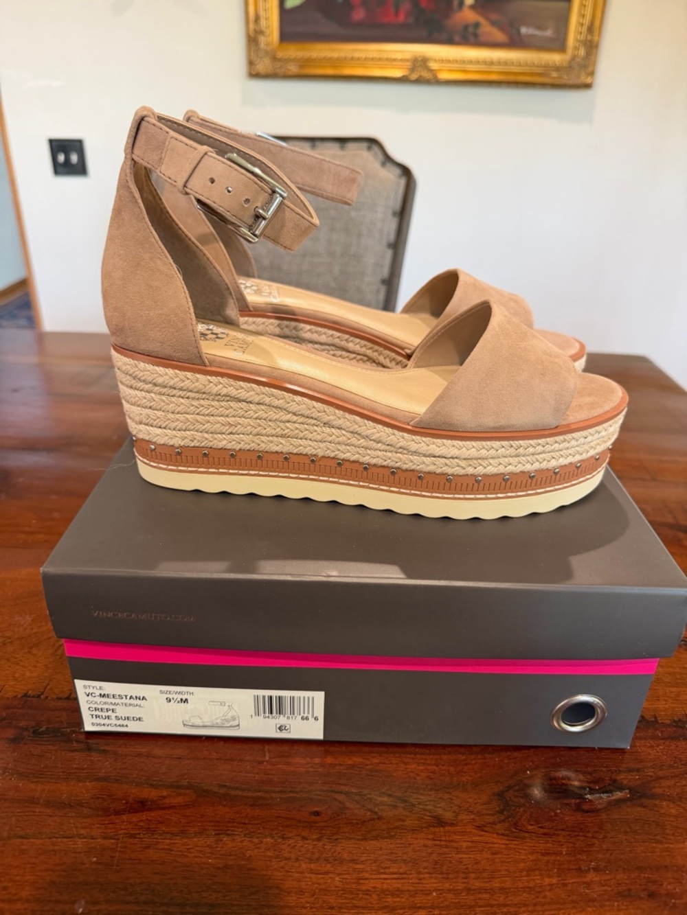 Vince Camuto Beige Suede Platform Espadrille Wedge Sandals - Picture 2 of 6